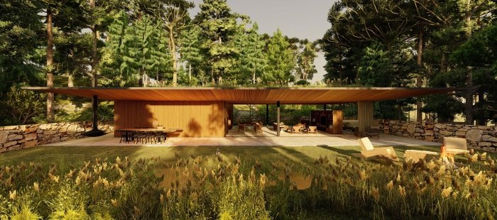 Dřevěný dům má střechu porostlou zelení