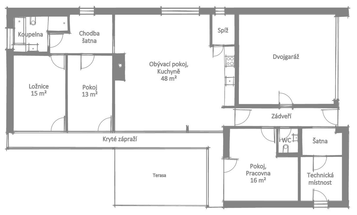 Půdorys bungalovu 5+kk s dvojgaráží