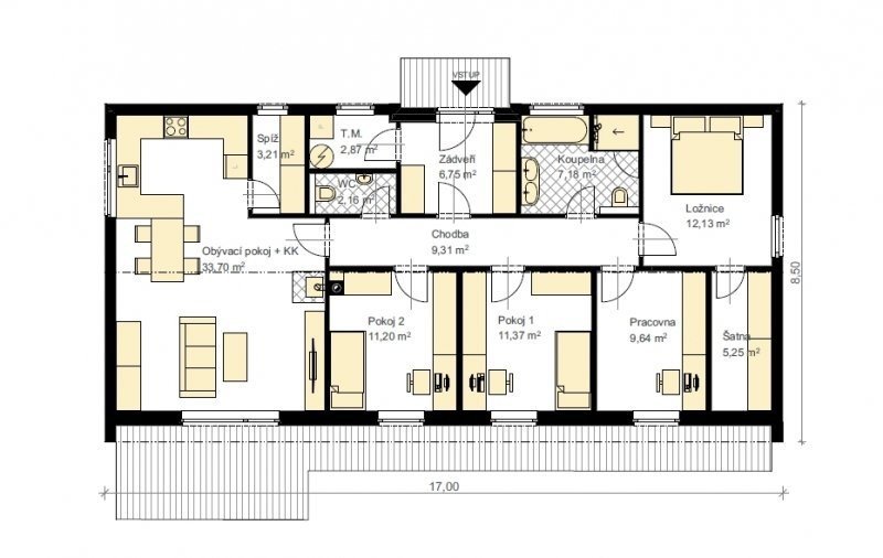 Půdorys bungalovu s dispozicí 5+kk
