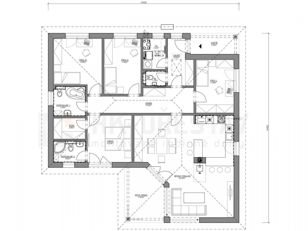 Výkres půdorysu – bungalov 5kk