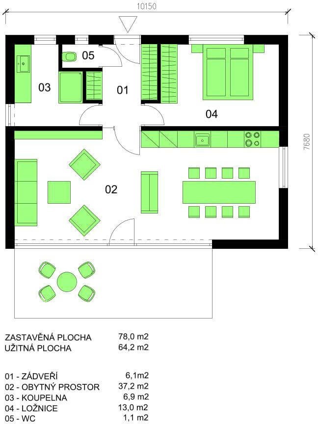 Půdorys bungalovu B65
