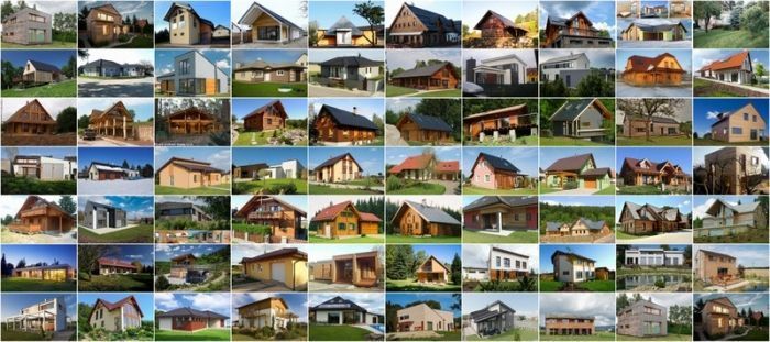 Koláž fotografií dřevostaveb