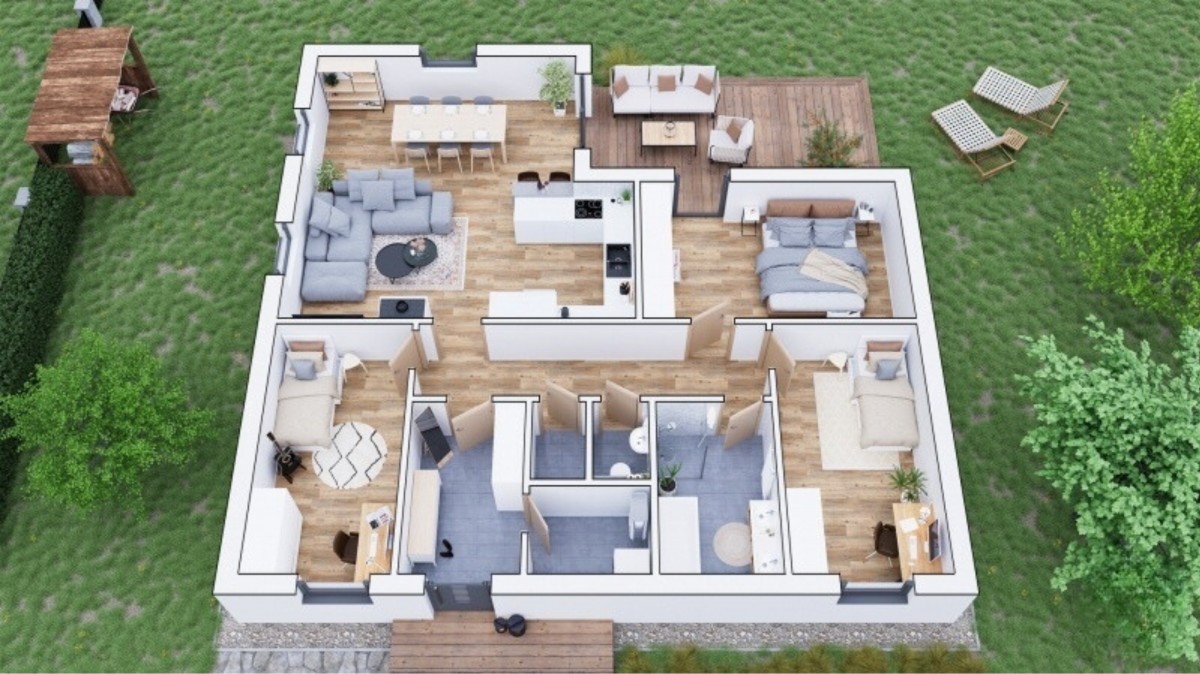 Bungalov do L s krytou terasou