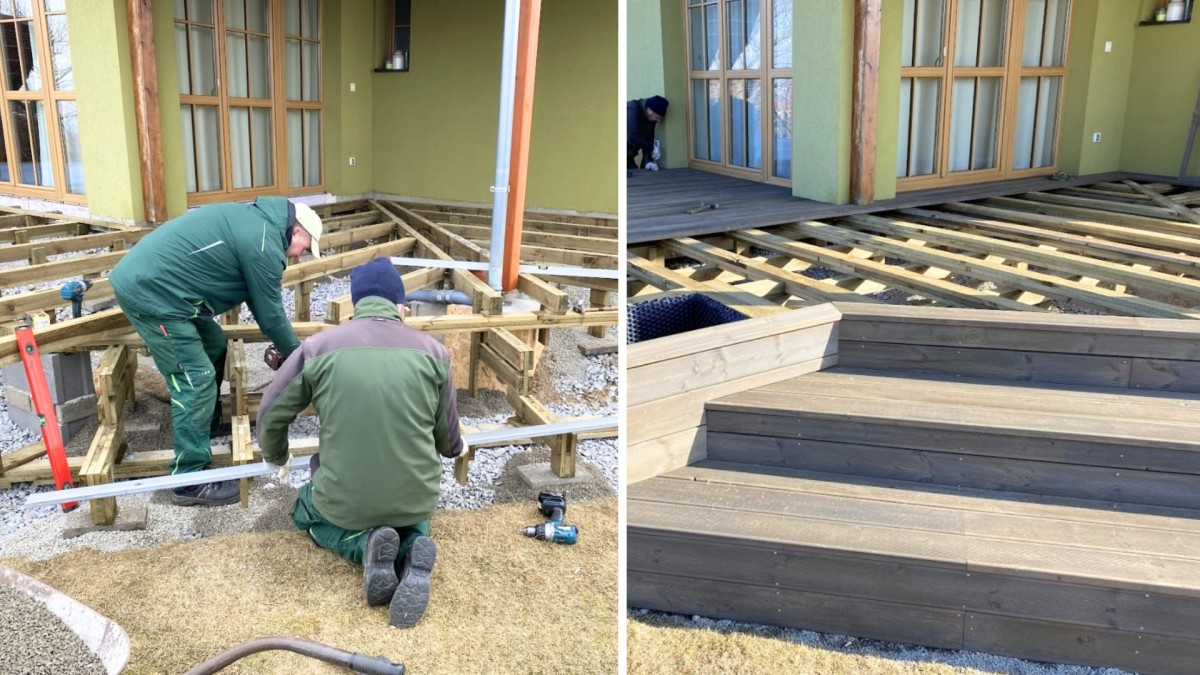 Původní terasa se rozpadla po pár letech. „Ke stavbě nové jsme tentokrát využili speciální dřevo,“ říkají manželé