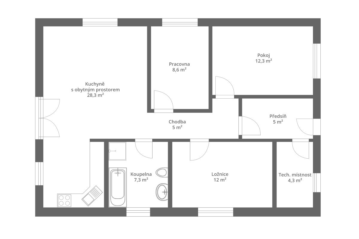 Půdorys bungalovu 4+kk