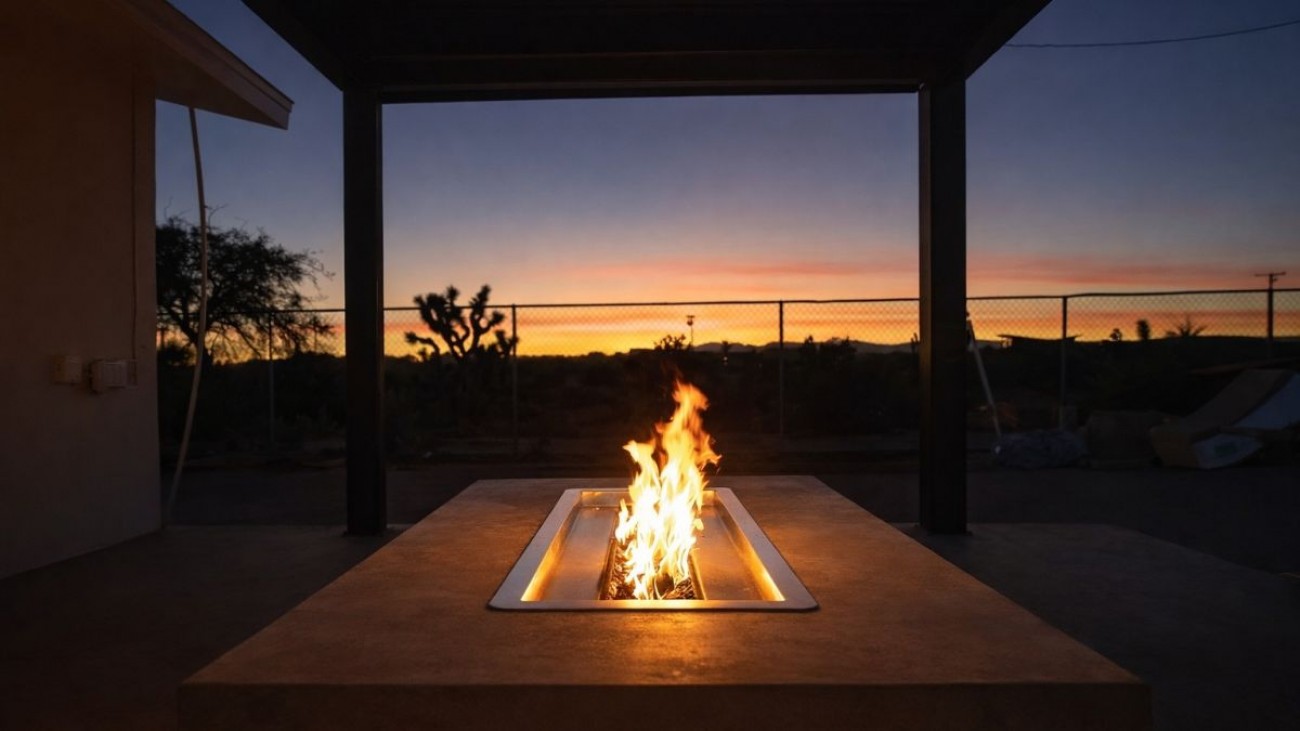 Postavil si stůl se zabudovaným ohništěm. Terasu tak využije téměř celý rok