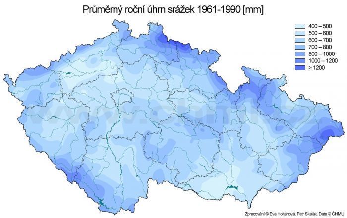 Průměrný roční úhrn srážek mapa