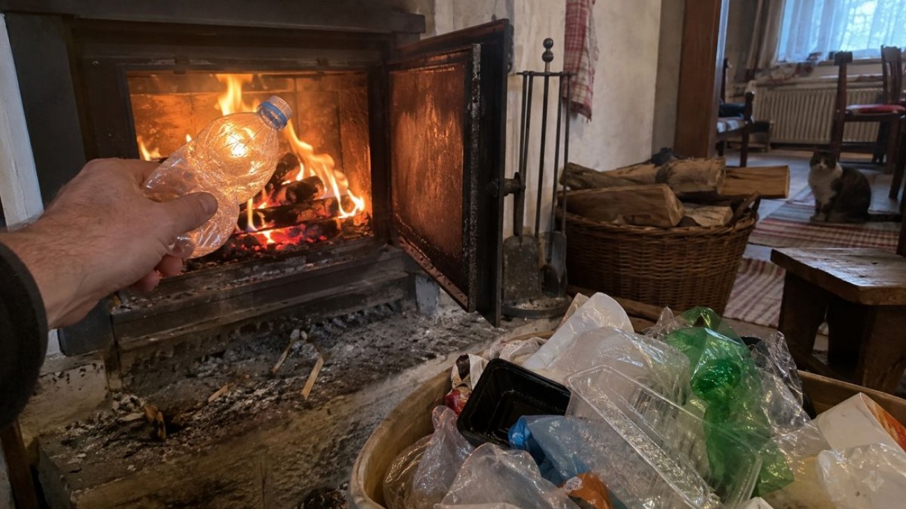 PET lahev místo palivového dřeva. Někteří lidé se takto zbavují odpadu, aniž by si uvědomovali, že při spalování plastů vznikají škodlivé látky a riskují poškození kamen i komína.